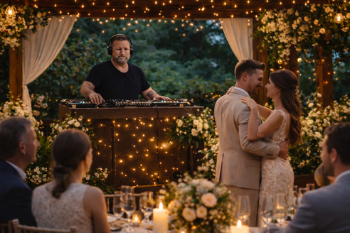 DJ legt vor tanzender Menschenmenge auf einer Party auf