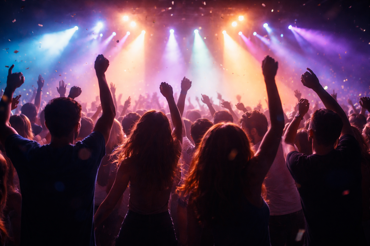 DJ steht im Club vor einer feiernden Menge mit Lichteffekten